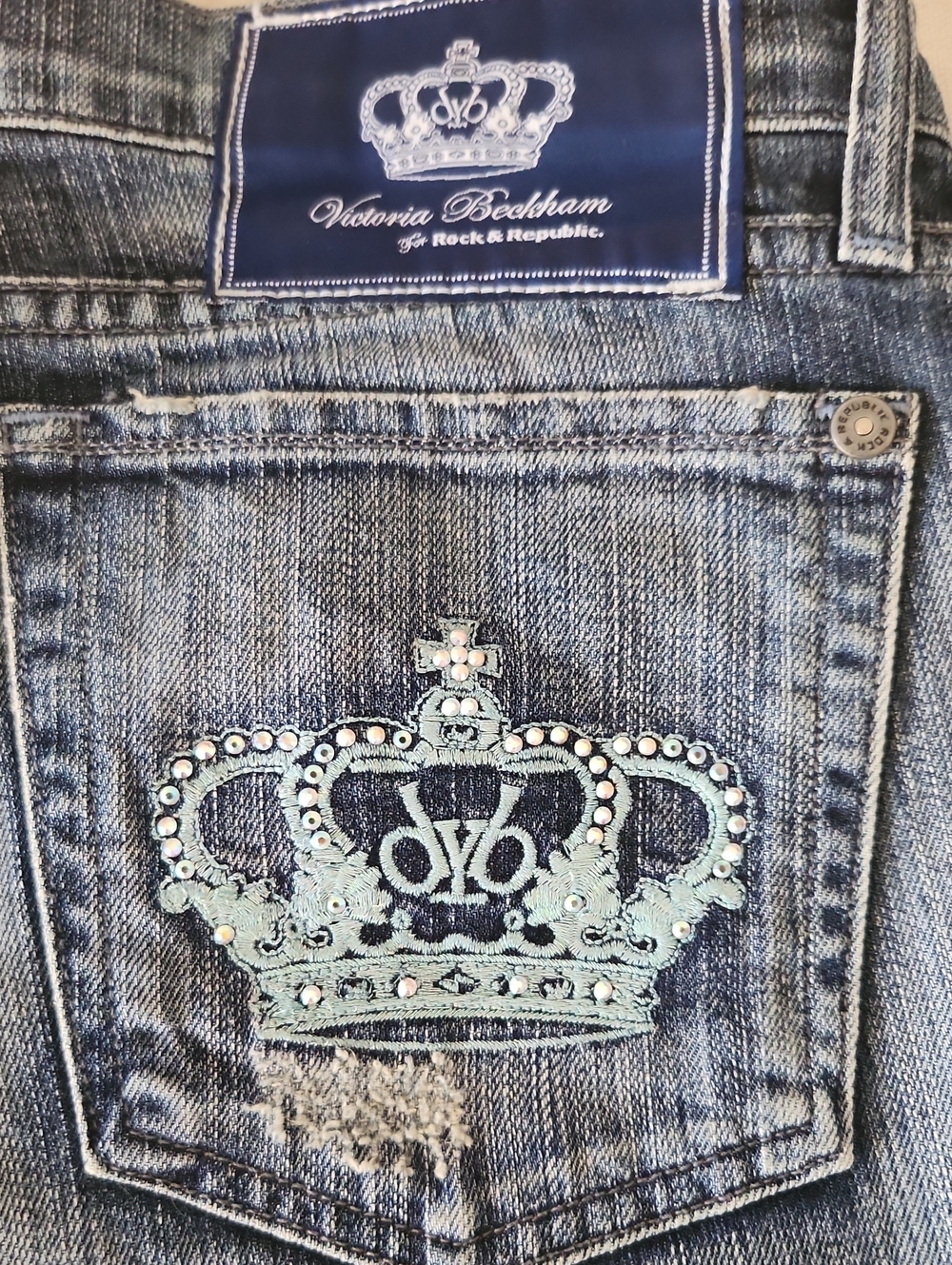 Victoria Beckham Rock & Republic Blue Denim Jeans with Real Swarovski Crystals